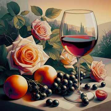 Glass with red wine and roses by Tatjana Korneeva