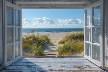 Uitzicht door wit raam op strand en zee van Poster Art Shop