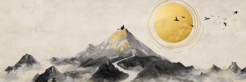 Een landschap in gouden tinten ontvouwt zich op rijstpapier, met sierlijke penseelstreken in Chinese inkt