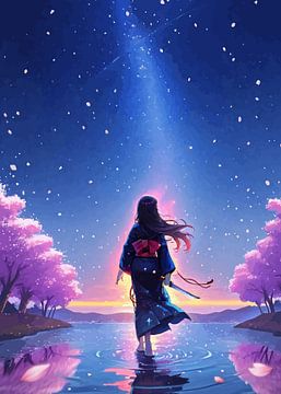 Vrouwelijke Geisha onder Nightsky in een vijver en kersenbloesem van MIROKKU