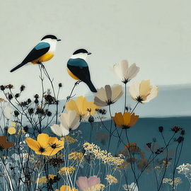 Zwei Vögel in einem Blumenfeld