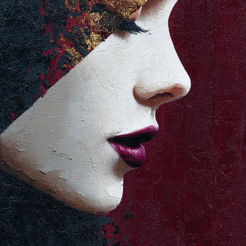 Crimson Accent – Abstract female profile