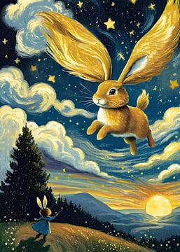 Goldenes Kaninchen, das mit seinen Ohren als Flügeln fliegt - Sternennacht von MIROKKU
