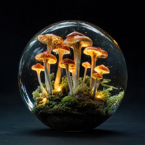 Magische paddenstoelen in glazen bol