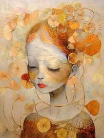 Modern Portret van een Ginger meisje met bloemen op haar hoofd, Serie dromerig