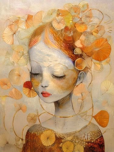 Modern Portret van een Ginger meisje met bloemen op haar hoofd, Serie dromerig