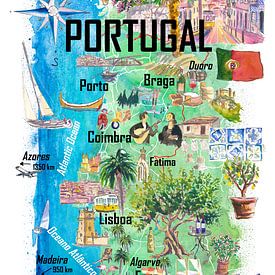 Carte illustrée du Portugal Art du voyage avec les sites touristiques incontournables sur Markus Bleichner