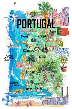 Carte illustrée du Portugal Art du voyage avec les sites touristiques incontournables