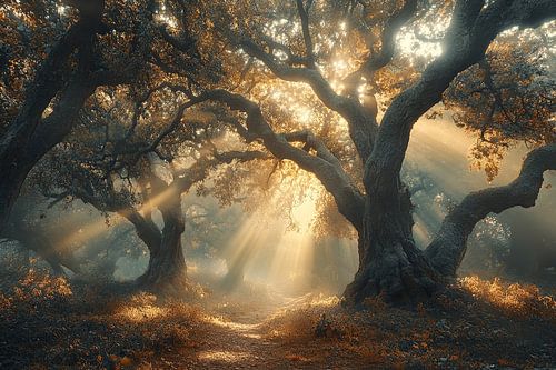 schilderachtig mystiek licht in het bos