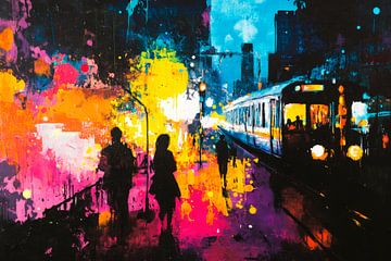 Kleurrijk stadslandschap bij nacht van Poster Art Shop
