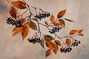 Herbstzweig mit schwarzen Holunderbeeren in warmen Herbstfarben