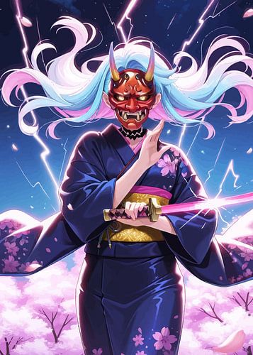 Japanse Geisha die een rood Oni-masker draagt met kersenbloesemtoon