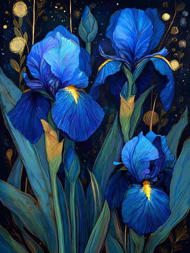 Blaue Irisblüten mit goldenen Akzenten