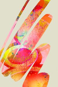 Dessin au trait en vert, rouge, rose et jaune.