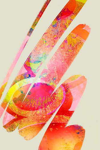 Lijntekening in saliegroen, rood, roze en geel.