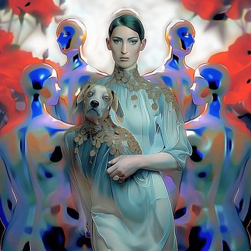 Vrouw met hond in een vloeibare wereld van Ton Kuijpers