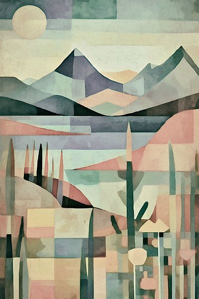Abstract mountain landscape with sun and plants by Anna Marie de Klerk
