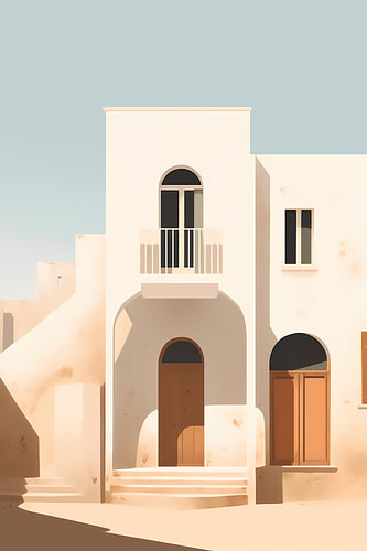 Sonnenbeschienenes, weiß getünchtes Dorf | Minimalistische Architektur