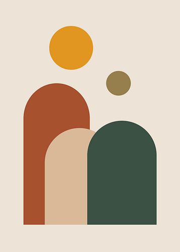 Minimalistische, platte, abstracte illustratie van geometrische bogen en zonvormen in bohemienstijl.