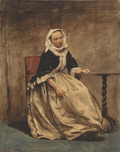 Zittende vrouw naast een kleine tafel, Jan Weissenbruch, 1832 - 1880