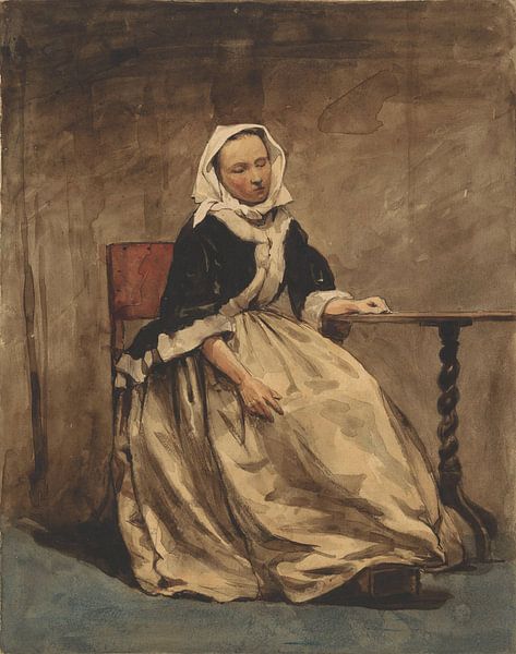 Sitting woman next to a small table, Jan Weissenbruch, 1832 - 1880 by Marieke de Koning