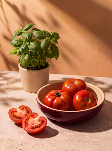 Tomaten und Basilikum auf einer sonnigen Küchenzeile