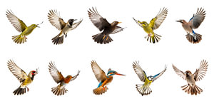Satz fliegender Gartenvögel isoliert auf weißem Hintergrund, Ausschnitt