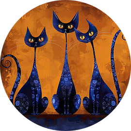 Drie decoratieve katten in koningsblauw en oker geel van Lauri Creates
