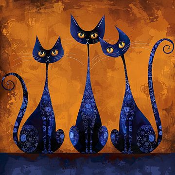 Drei dekorative Katzen in Königsblau und Ockergelb von Lauri Creates