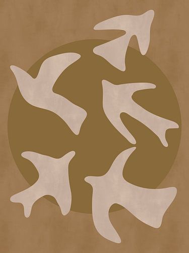 Tableau mural minimaliste et abstrait de style bohème représentant un oiseau et un soleil, couleur ocre I sur Dina Dankers