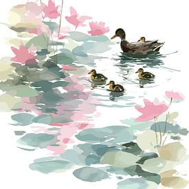 A family of ducks in a pond with lotus flowers by Pixelbull Design