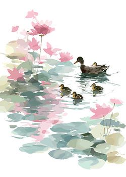 A family of ducks in a pond with lotus flowers
