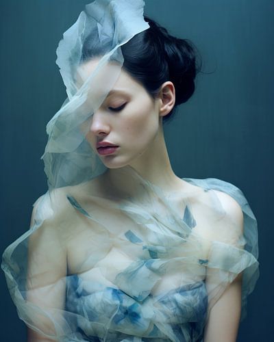 Modern portret met een zachte uitstraling in blauw