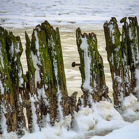 Wellenbrecher auf dem Winterwattenmeer von Peter Bolman