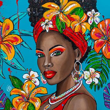 Portret Caribische vrouw met bloemen van Happy Paintings