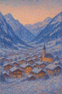 Mayrhofen Zillertal Winter Night – Schneebedecktes Dorf Impressionistische Kunst