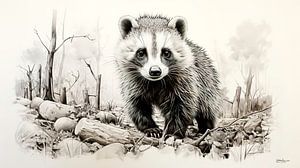 pentekening van een wasbeer van Gelissen Artworks