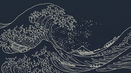 Minimalist Japanese Great Wave Line Art with Traditional Boats and Mount Fuji