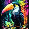 Tukan Neon-Aquarellkunstwerk – Exotischer tropischer Vogel, zeitgenössische Wandkunst von MIROKKU