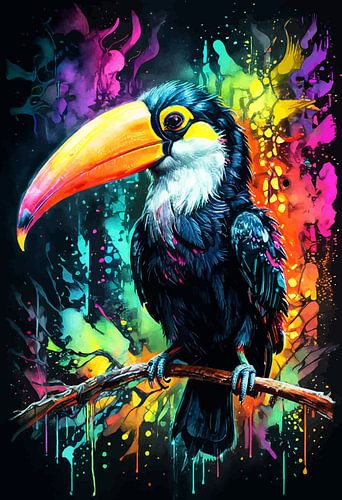 Tukan Neon-Aquarellkunstwerk – Exotischer tropischer Vogel, zeitgenössische Wandkunst von MIROKKU