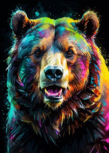 Beer Neon Waterverfschilderij – Krachtige Hedendaagse Wanddecoratie met Wilde Dieren