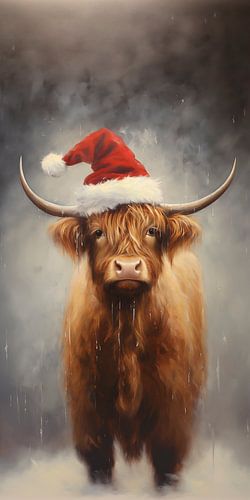 Scottish highlander wearing a festive Santa hat