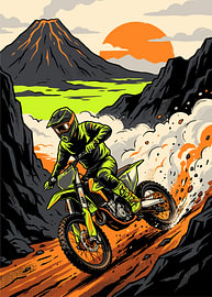 Green dirt bike rider racing volcanic canyon, explosive dust trail by Adam Khabibi