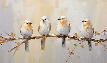 Quatre oiseaux sur une branche sur Bianca ter Riet