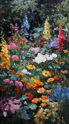 Levendige wilde bloementuin in de stijl van een olieverfschilderij met dikke impasto