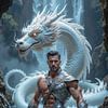 AQUELION – Ein Krieger mit seinem weißen Drachen in einer Oase von INFERAURUM