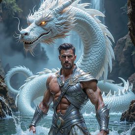 AQUELION – A Warrior with his White Dragon in an Oasis by INFERAURUM