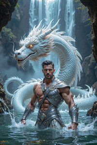 Fantasy Art Wandbild: AQUELION – Ein Krieger mit seinem weißen Drachen in einer Oase