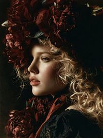 Surrealistisches Porträt einer Frau mit Blumen im Haar