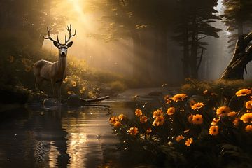 Golden Dream: The Deer of Autumn under the Enchanted Sunbeams. by Karina Brouwer
